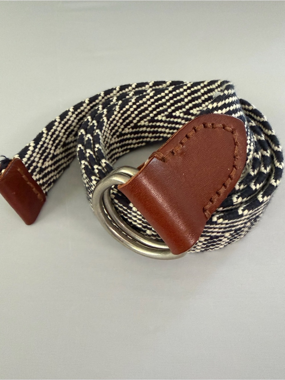 J. Crew Men's Navy and White Woven D-Ring Belt with Brown Leather Trim